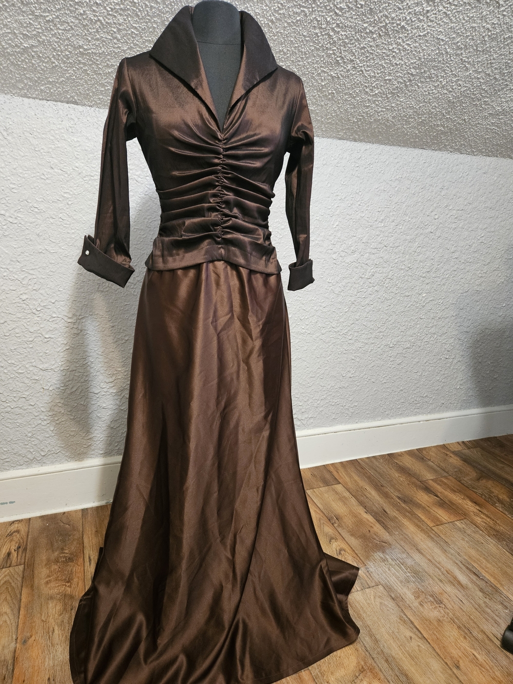 Tadashi Shoji Chocolate Brown Satin Formal Dress with Ruched Bodice UK 10 US 6